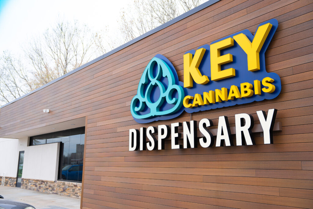 Exterior of building with Key Cannabis Dispensary store sign