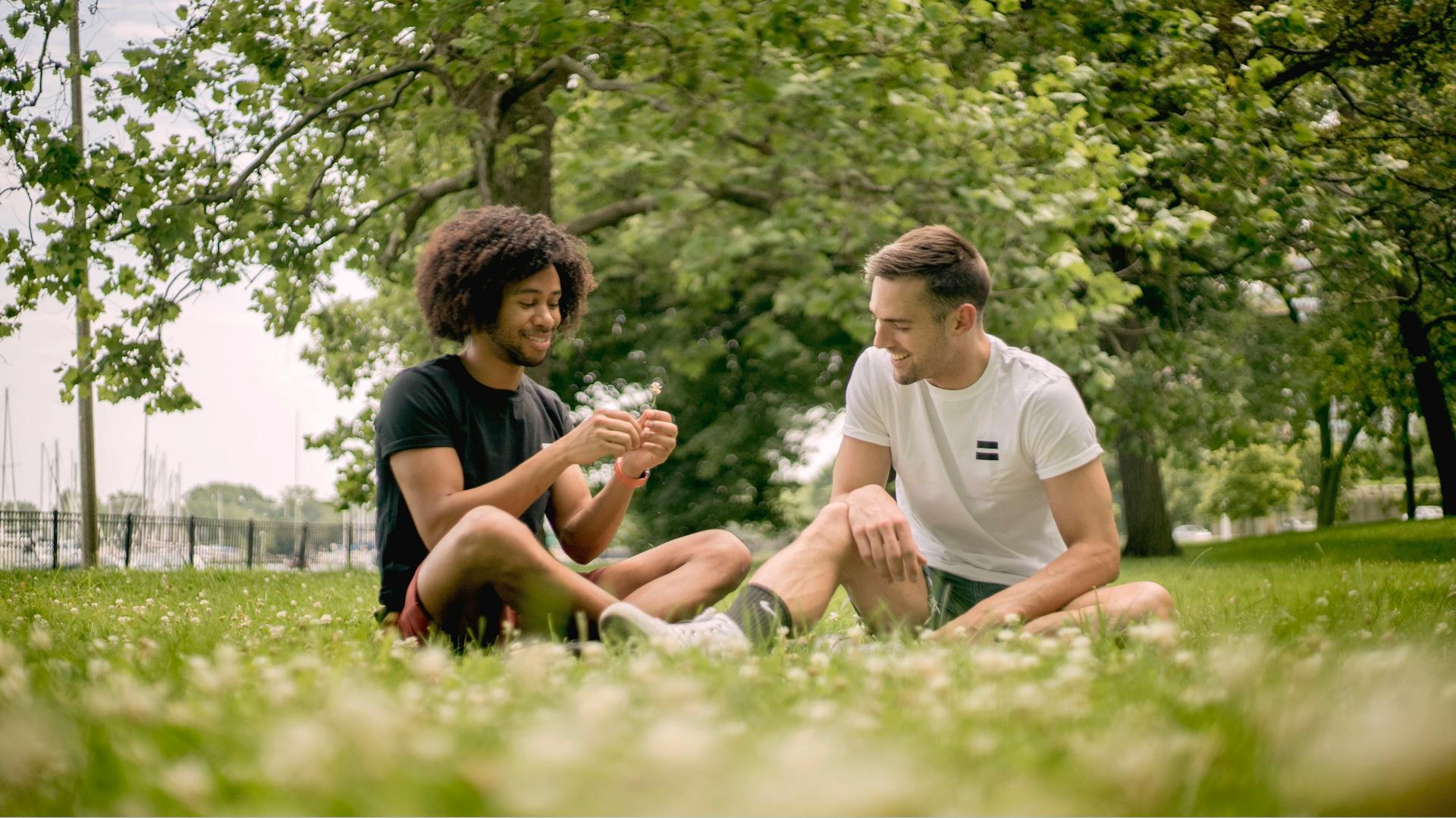 Men Sitting on Green Grass Field lighting a joint