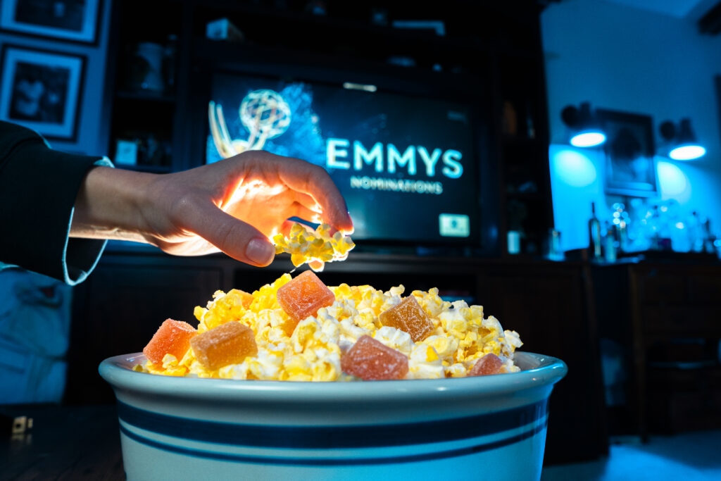 Close Up of Cannabis gummies in popcorn bowl
