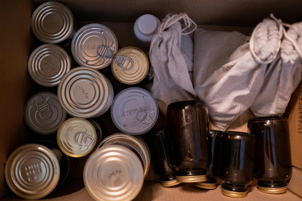 Aerial shot ox of canned food in a box.