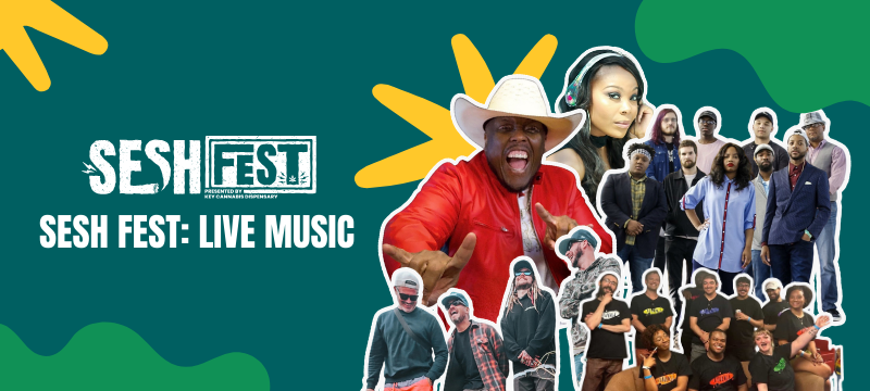 Graphic with text "Sesh Fest KC Live Music" a 420 event in Kansas City on a green background with cut out images of male and female musical artists